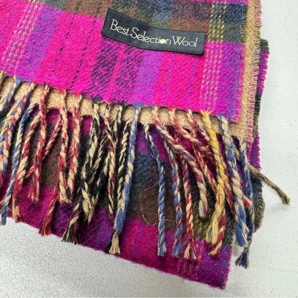 Moonbat 100% Wool Pink Brown Plaid Fringe Scarf Womens Accessories Casual